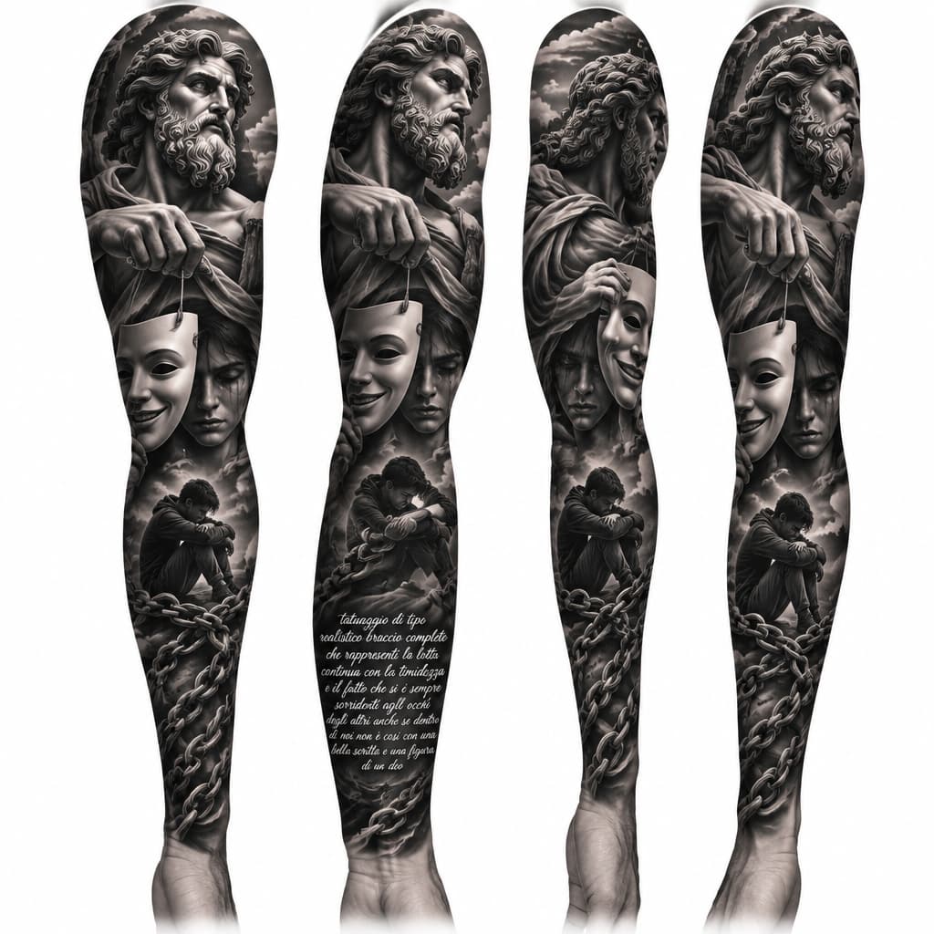 tatuaggio di tipo realistico braccio completo che rappresenti la lotta continua con la timidezza e il fatto che si è sempre sorridenti agli occhi degli altri anche se dentro di noi non è cosi con una bella scritta e una figura di un deo