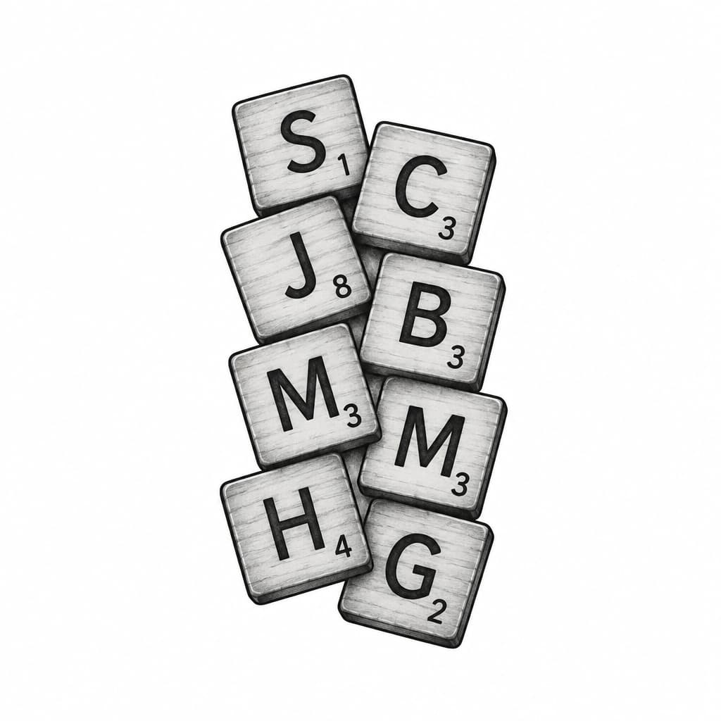 minimalist Scrabble stack. It would look great as a tattoo: the eight tiles slightly overlapping in a loose, natural arrangement, using S, C, J, B, M, M, H, G, with clean black outlines and subtle wood/tile detailing.