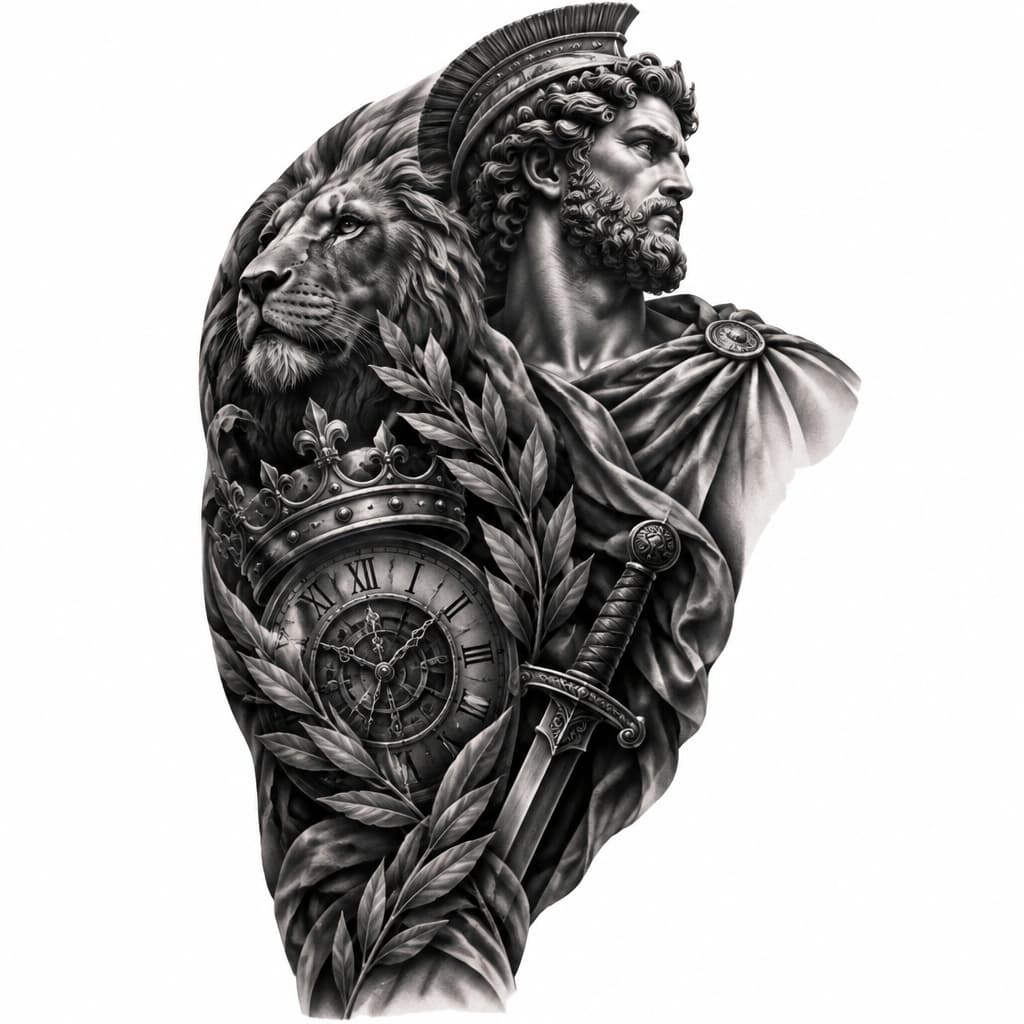 The tattoo is a highly detailed, black-and-gray piece covering the shoulder, upper arm, and part of the chest. It has a dramatic, almost three-dimensional quality, as though several symbolic objects are resting on top of the skin rather tha
