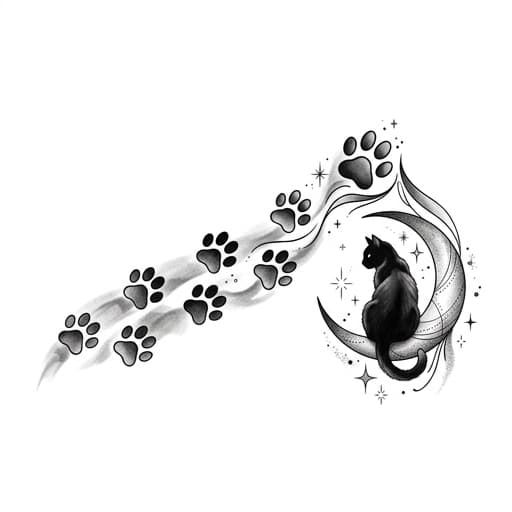 Cat paw prints walking across the collar bones ending in a black cat sitting on a crescent moon on the upper arm