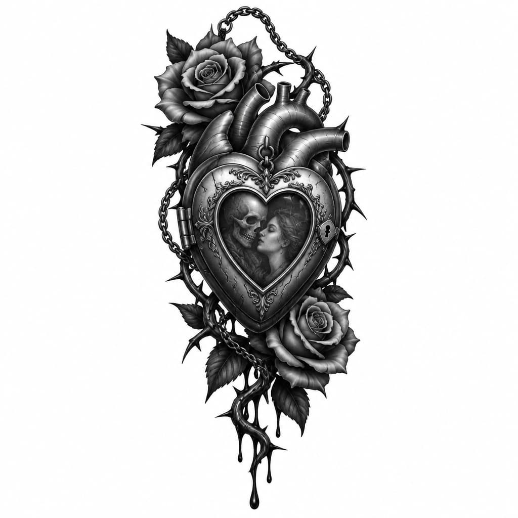 Design a black-and-gray horror-romance tattoo centered around a large anatomical-style heart-shaped locket. The tattoo should be vertically oriented and suitable for placement on the calf or lower leg. The main focal point is a large heart