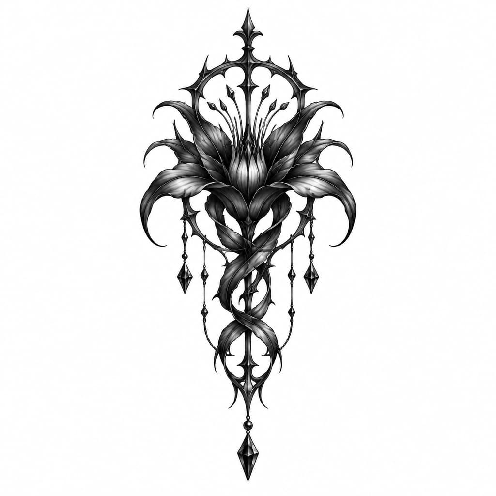 I'm wanting a beautiful gothic styled tattoo that's eye catching but has nothing to do with moons or skulls make me something unique and never done before