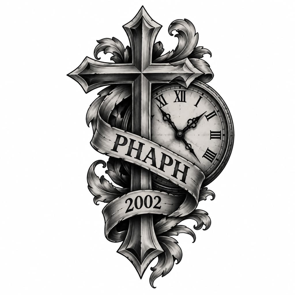 A cross and clock with PHAPH and 2002 make it more legit and more design