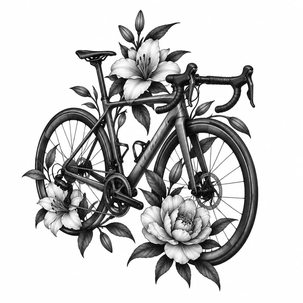 a modern road bike with flower around