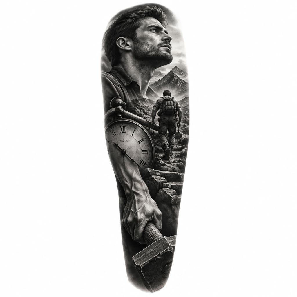 Create a premium, realistic black-and-grey tattoo design for a male forearm, shown as a realistic tattoo mockup on actual skin. CONCEPT: The tattoo represents a self-made man who does not believe in luck. He believes in hard work, patience