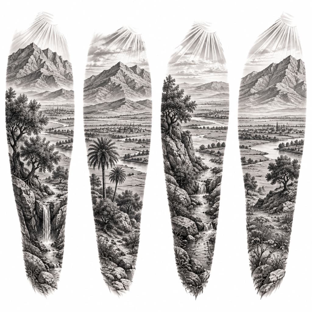 Create a unique Kurdish-inspired black and grey tattoo for the forearm.
The tattoo should represent Kurdish heritage and my connection to Qamişlo in northern Mesopotamia, but without using flags, political symbols, text or obvious clichés.
I want a beautiful natural landscape flowing vertically along the forearm. Combine elements such as Kurdish mountains, a wide Mesopotamian landscape, a few trees, rocks, a small stream or waterfall, and possibly one or two palm trees. The landscape should feel authentic, peaceful and meaningful rather than like a generic vacation landscape.
The design should look elegant, masculine and timeless, with realistic fine-line details, subtle shading and good negative space. It should be designed specifically to work as a real forearm tattoo and flow naturally with the shape of the arm.
I already have / plan to have a Kurdish sun around my elbow, so the forearm design should visually connect with the sun without repeating it.
Please create several different variations with different compositions and levels of detail.