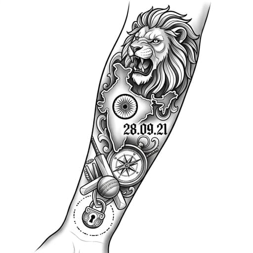 Left arm only Elbow → wrist only True forearm half-sleeve Lion Larger India map + Ashoka Chakra 28.09.21 Gothic/Müllerletter style One compass/travel element Cricket elements “Till Death Do Us Apart” in Morse code around a circle Black/grey