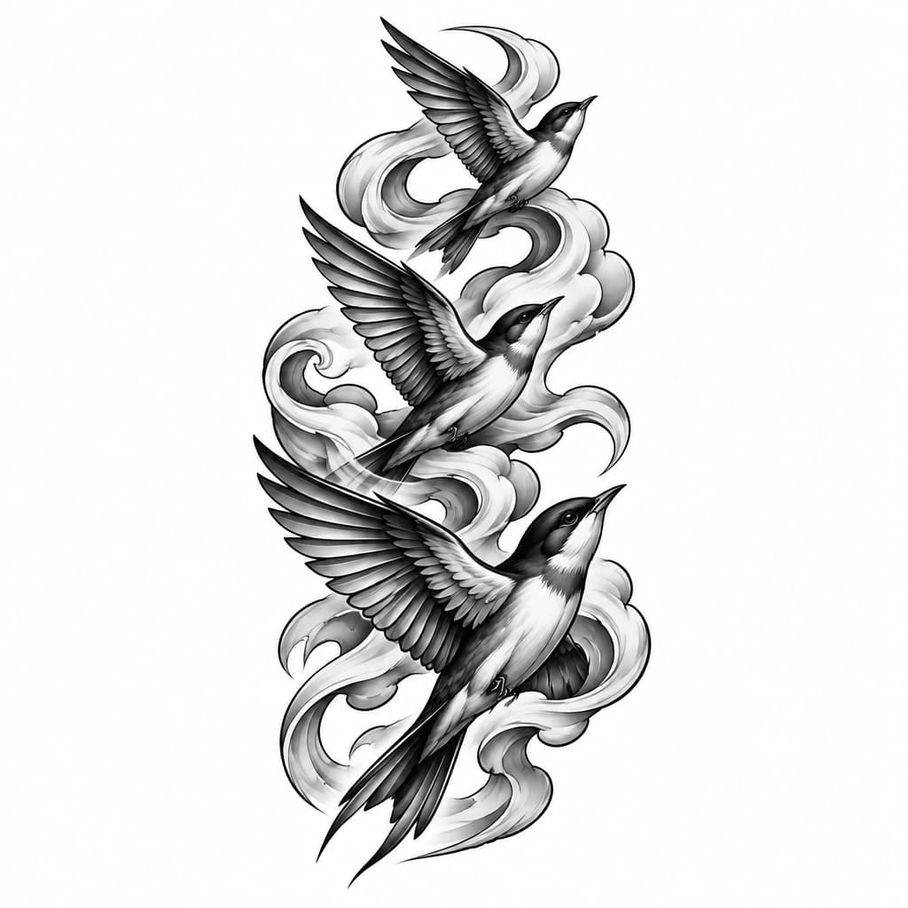 Three birds flying up with wind smoke in the background
