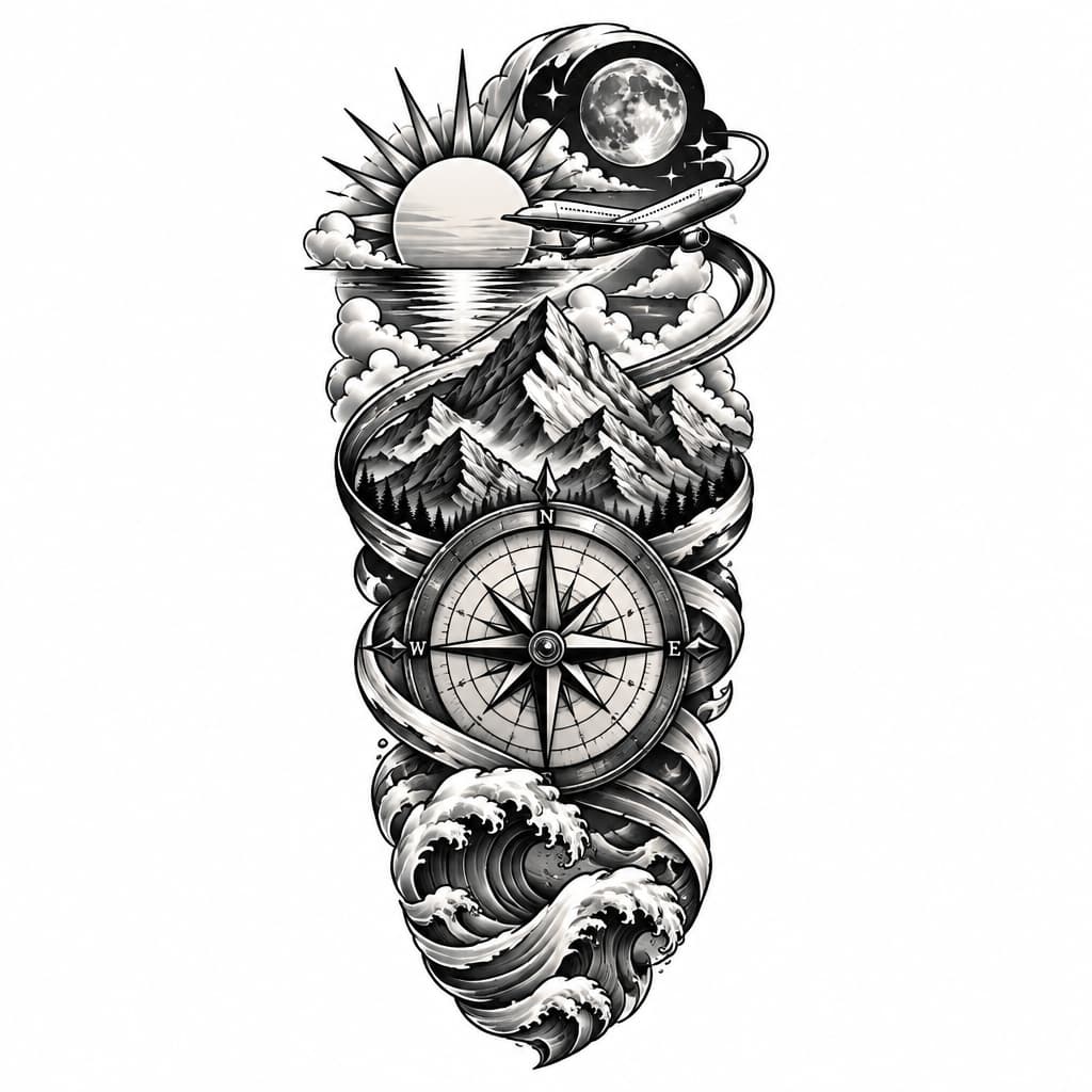 can you make a custom tattoo for the left forearm having sunset, moon, mountain, waves , compass,and aeroplane flying around