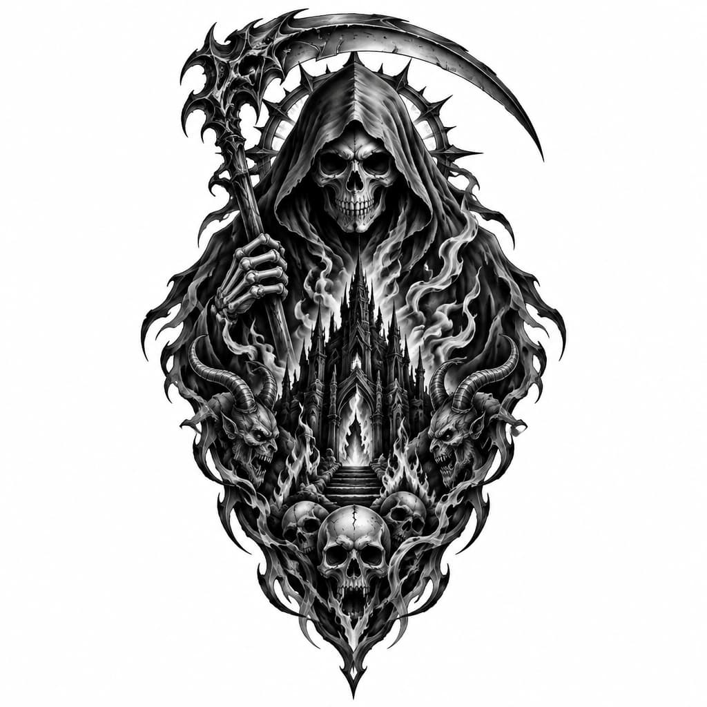 I want a neck tattoo, want it only to gonup to adam apple but want it to go down to collar bone
I like grim reaper and hell like tattoos that are detailed and have lots of things in them
Nust be blac and white
