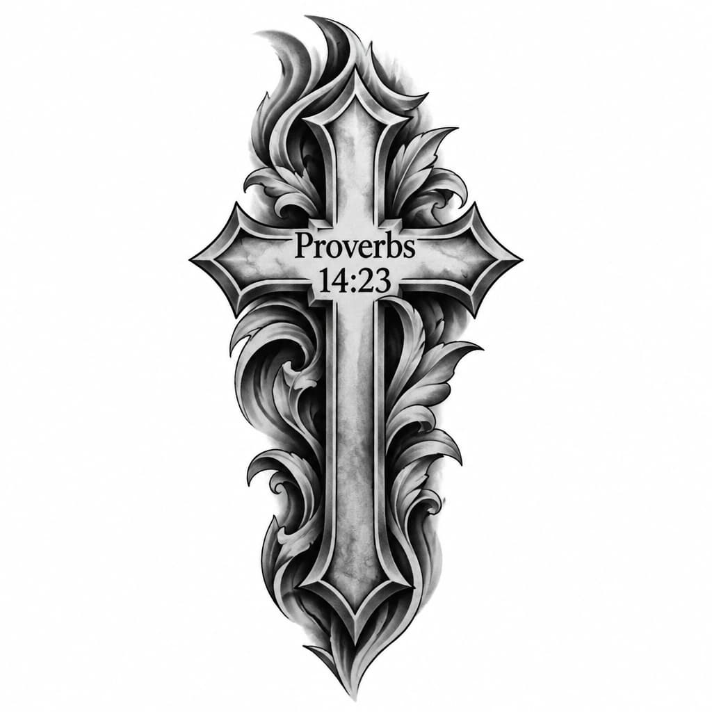 A cross with the bible verse proverbs 14:23 inside of it with fill in work around it for my under forearm