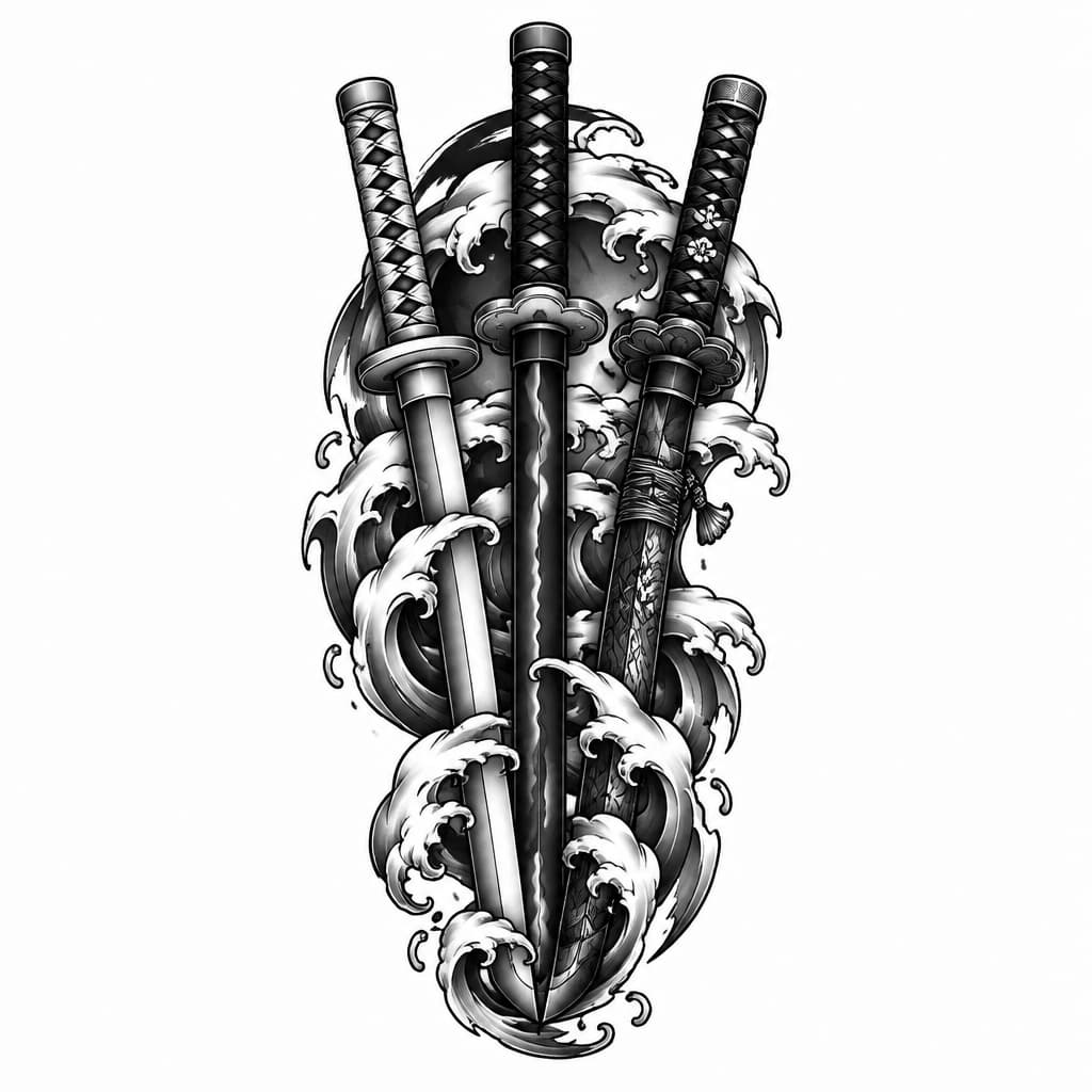 Quiero un disño de tatuaje que incluya las tres katanas de zoro de onepiece, Wado Ichimonji, Sandai Kitetsu y Emma,