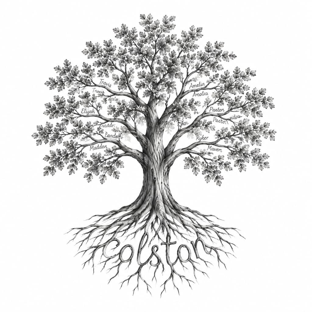 I would like a left ring finger tattoo that potentially also involves my hand. I would like it to be femine fine lines with a family tree theme. I would like the left ring finger to primarily be the roots shaped to say my last name "colston". I would like the tree to contain some version of my husband and kids names, it can be the full name, just the first name, or initials p: travis michael (husband), elijah patrick (son), xander ellis (son), maddox michael (son), amelia jade (daughter that passed from SIDS at 7 weeks old), paxton kade (son), ryker jax (son), maven joy (daughter). I would like the names to be visually subtle and created by the texture or structure shape of the roots, trunk, and/or branches. It does not necessarily be the full name; it could be just a first name or initials. I would like the structure of the tree to resemble an oak tree or other sturdy hardwood.