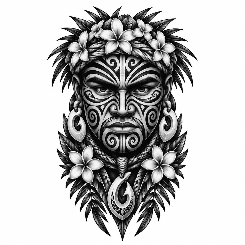 could you create me a tattoo mixed with cook island and maori mataora for the face