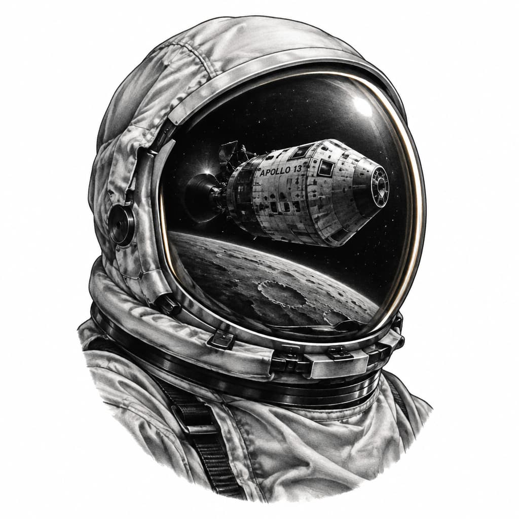A black and grey tattoo of an Apollo astronaut helmet with the Apollo 13 capsule in the reflection of the visor and a gold highlight on the edge of the visor. Placement is upper arm.
