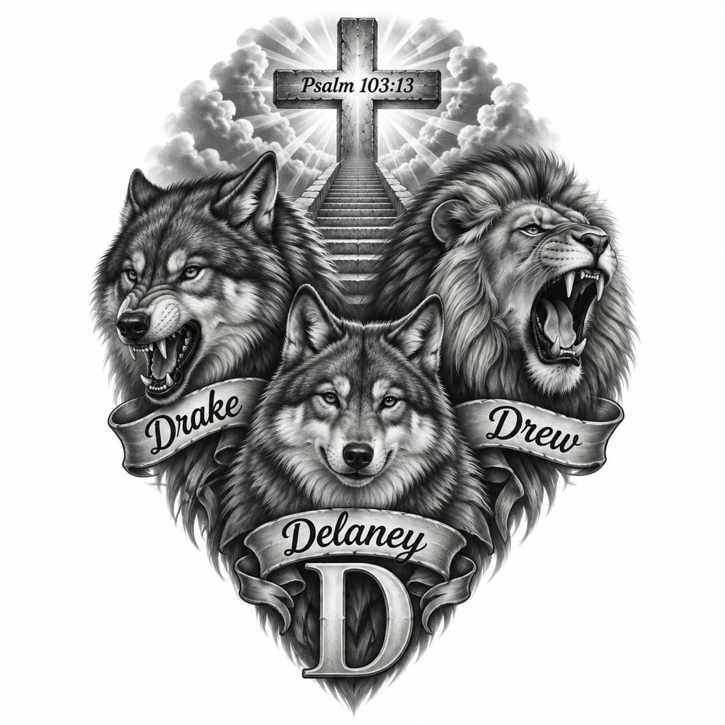 Male Wolf Growling with name Drake incorporated
Male Lion roaring with name Drew incorporated
Female Wolf Smiling with name Delaney incorporated
Cross and Stairway to Heaven in Background with Psalm 103:13 on the cross
Letter 'D' incorporated
No Flowers or other designs as borders