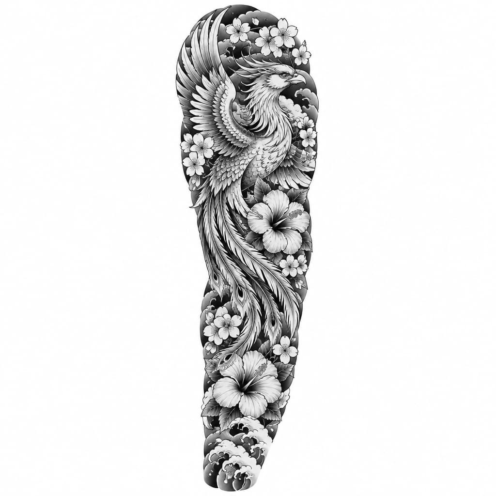 Japanese style very colorful phoenix with hicbus flowers and cherry blossoms full sleeve