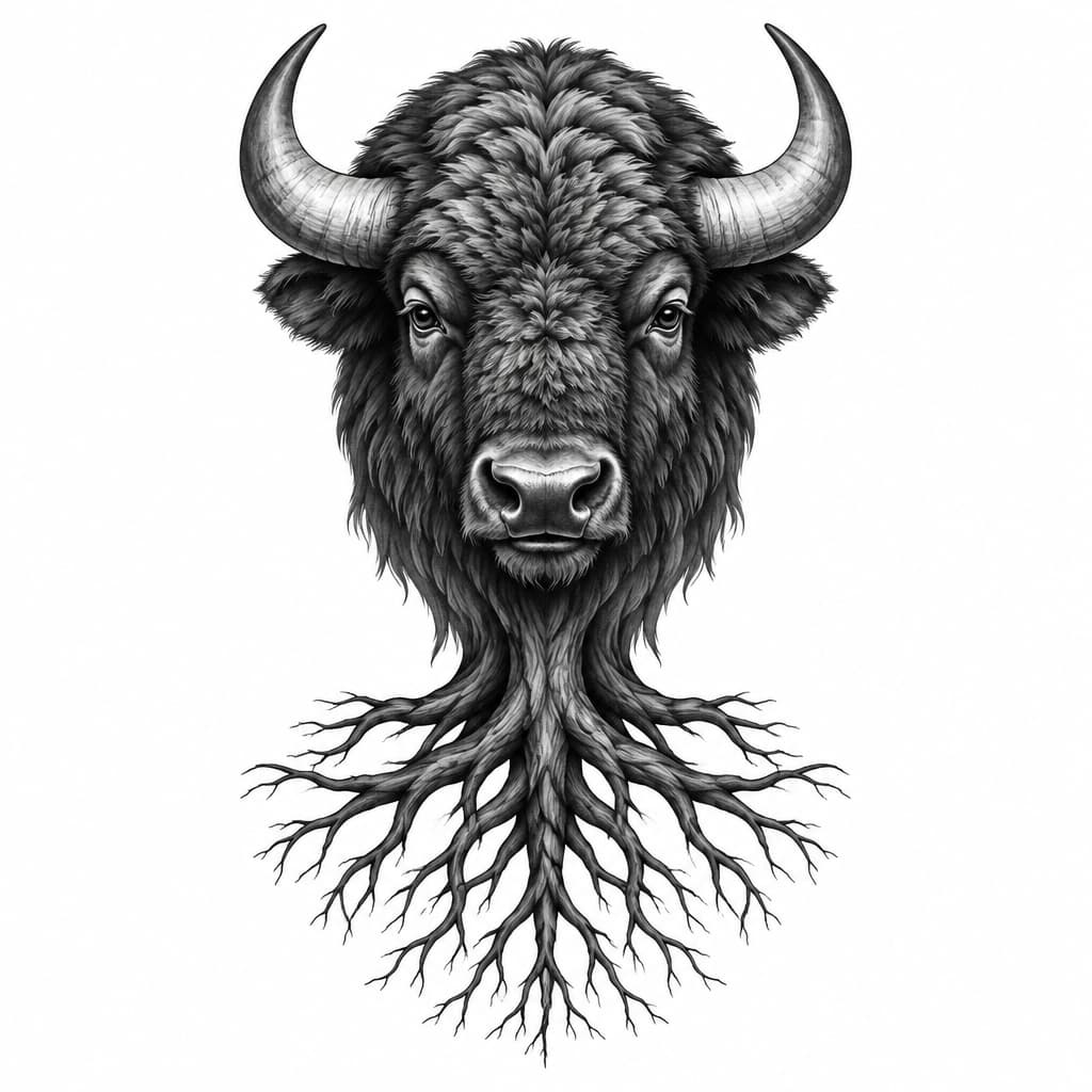 a buffalo head facing me that when looked at upside down looks like a tree with roots