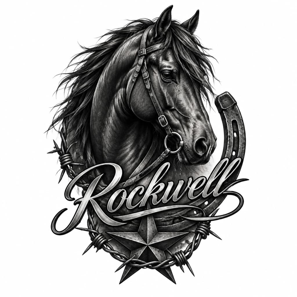 Dark aesthetic. Kinda edgy. Nickelback vibes. Add the name Rockwell in a sexy script font. Western/english equine tattoo.