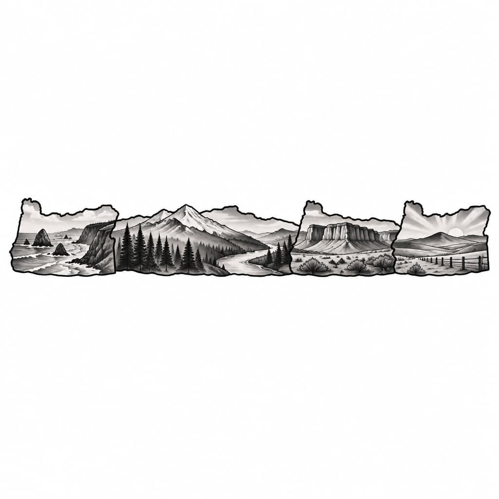 I would like to create a bicep wrap tattoo that is the outline of the state of Oregon scale down to no more than 1 inch tall and extended to be able to wrap around my arm. I do not need significant graphics inside, but would like to have some representation of the different regions of the state in graphic format if possible.