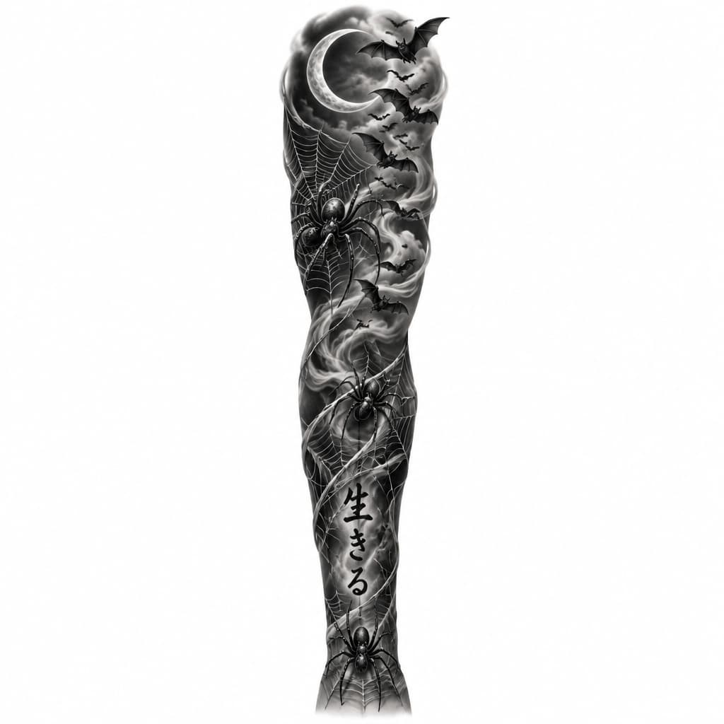Black and grey tattoo sleeve with Japanese words starting at the wrist and moving upward vertically. Add realistic spiders, detailed webs wrapping around the arm, and bats flying upward. Include a crescent moon, soft dark smoke, and subtle