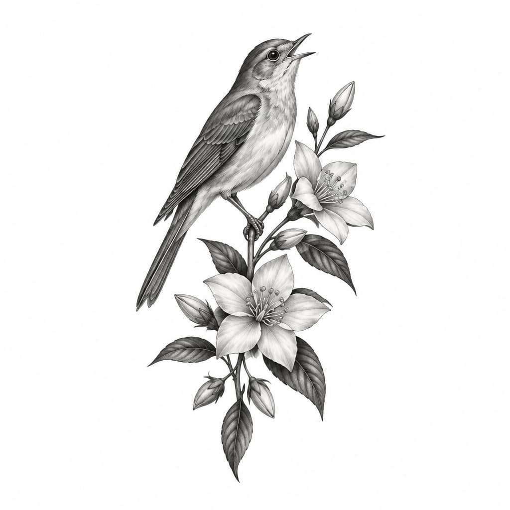 Fine line nightingale bird and nightingale flower rib tattoo 12-15 cm