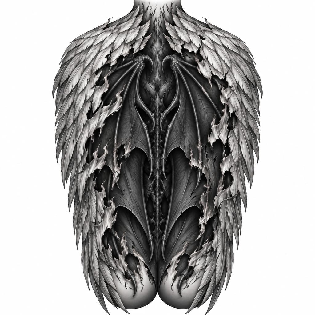 A full back tattoo COVERING ENTIRE BACK STARTING AT NECK AND GOING to mid butt cheeks. Angel wings with the feathers burning off revealing the demon wings underneath