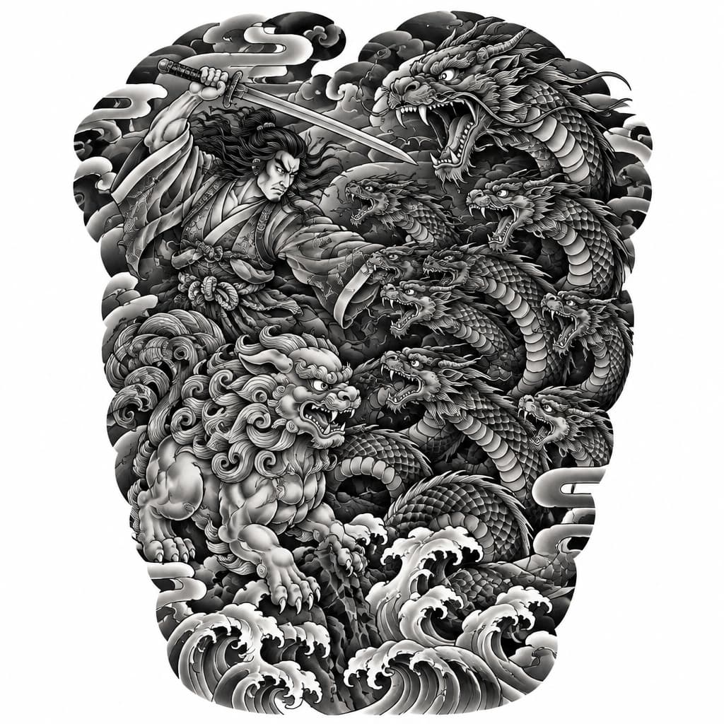 Japanese back piece irezumi style with shishi and susanoo no orochi