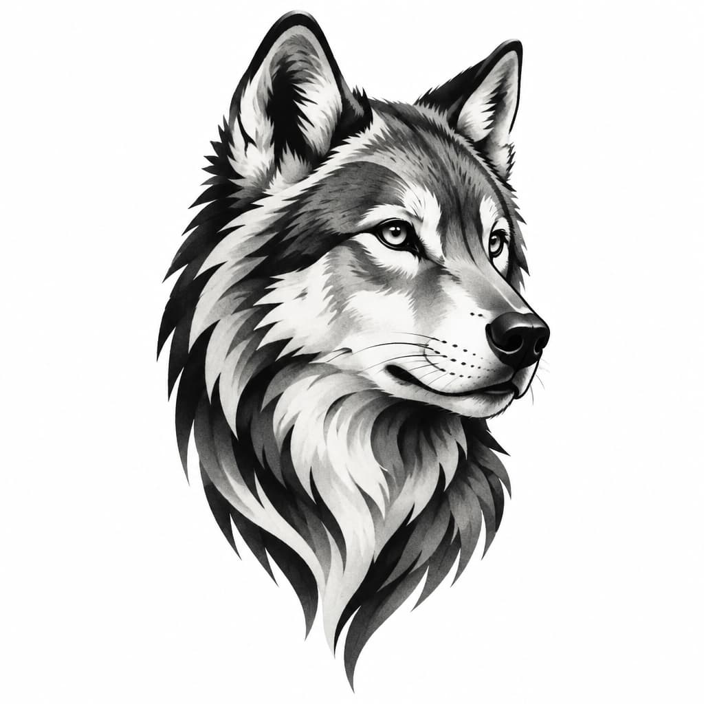 clean readable shapes, simplified dark areas, strong negative space, tattoo-friendly composition, smooth black and grey shading, stencil-friendly facial structure.