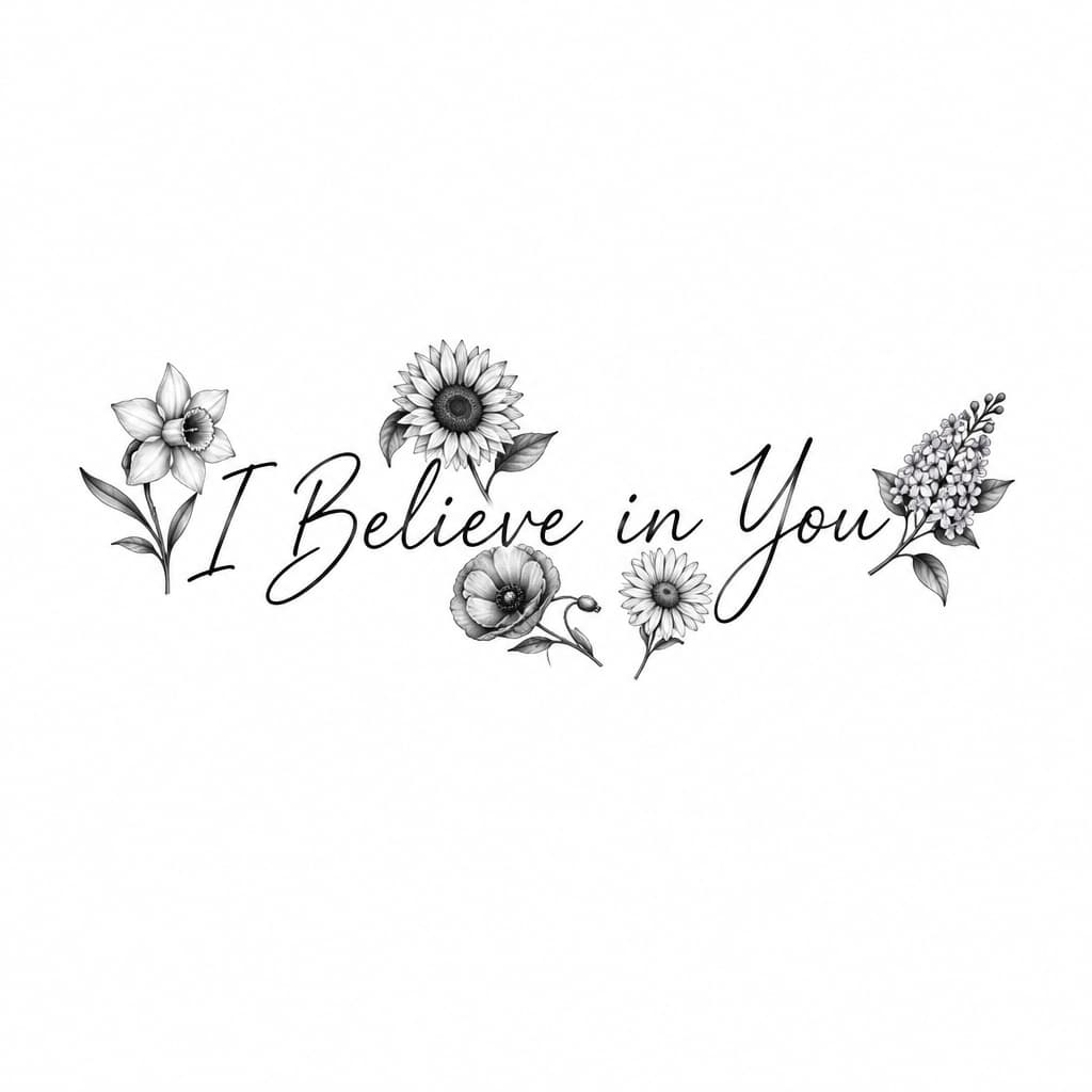 Minimalist wrist tattoo “I Believe in You” larger focal point hand written font with very tiny accent flowers incorporated to include Narcissus, sunflower. Poppy, daisy and lilac.