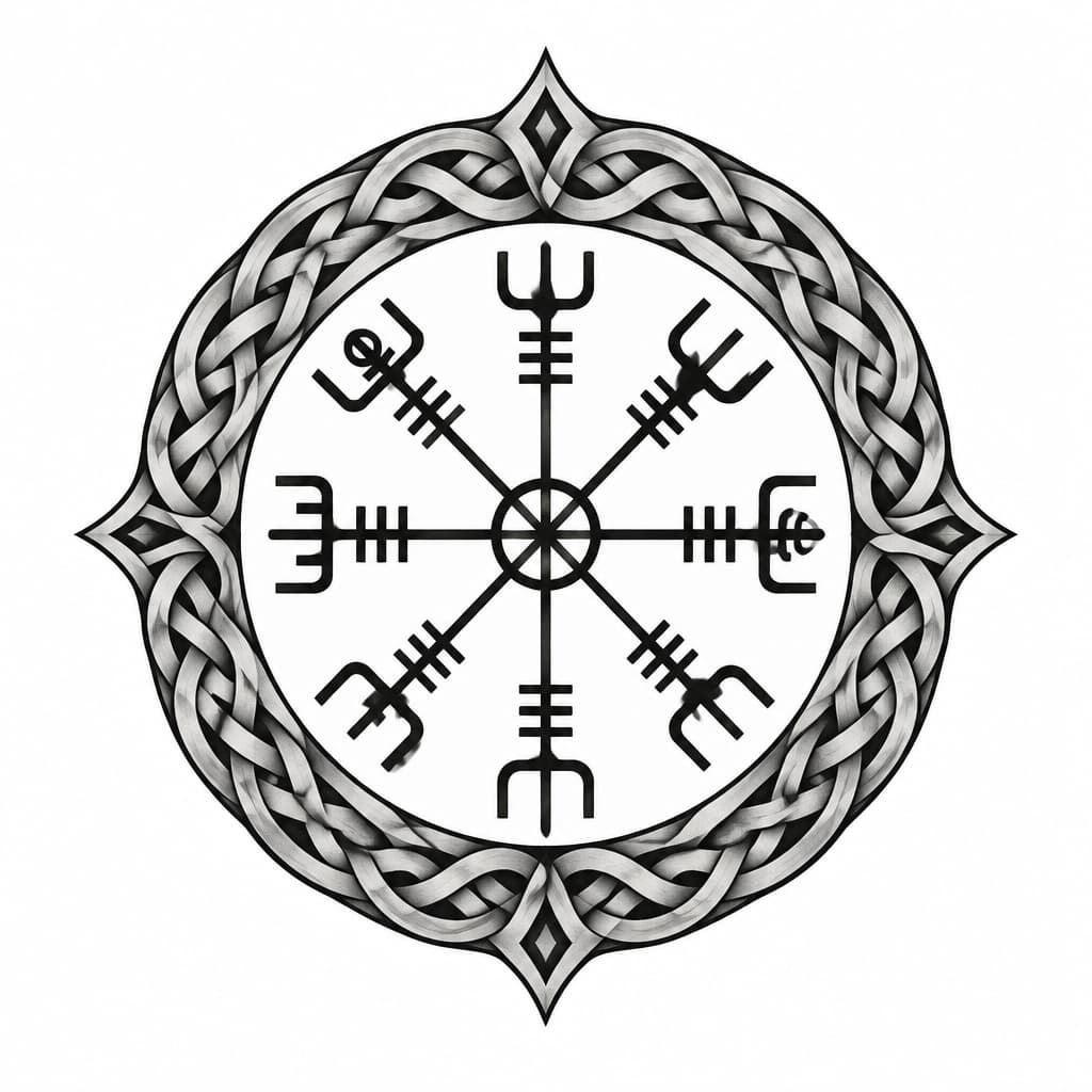 Minimalist geometric Norse Vegvísir compass tattoo flash, clean black ink lines, intricate Nordic knotwork border, isolated on pure white background, stencil-ready