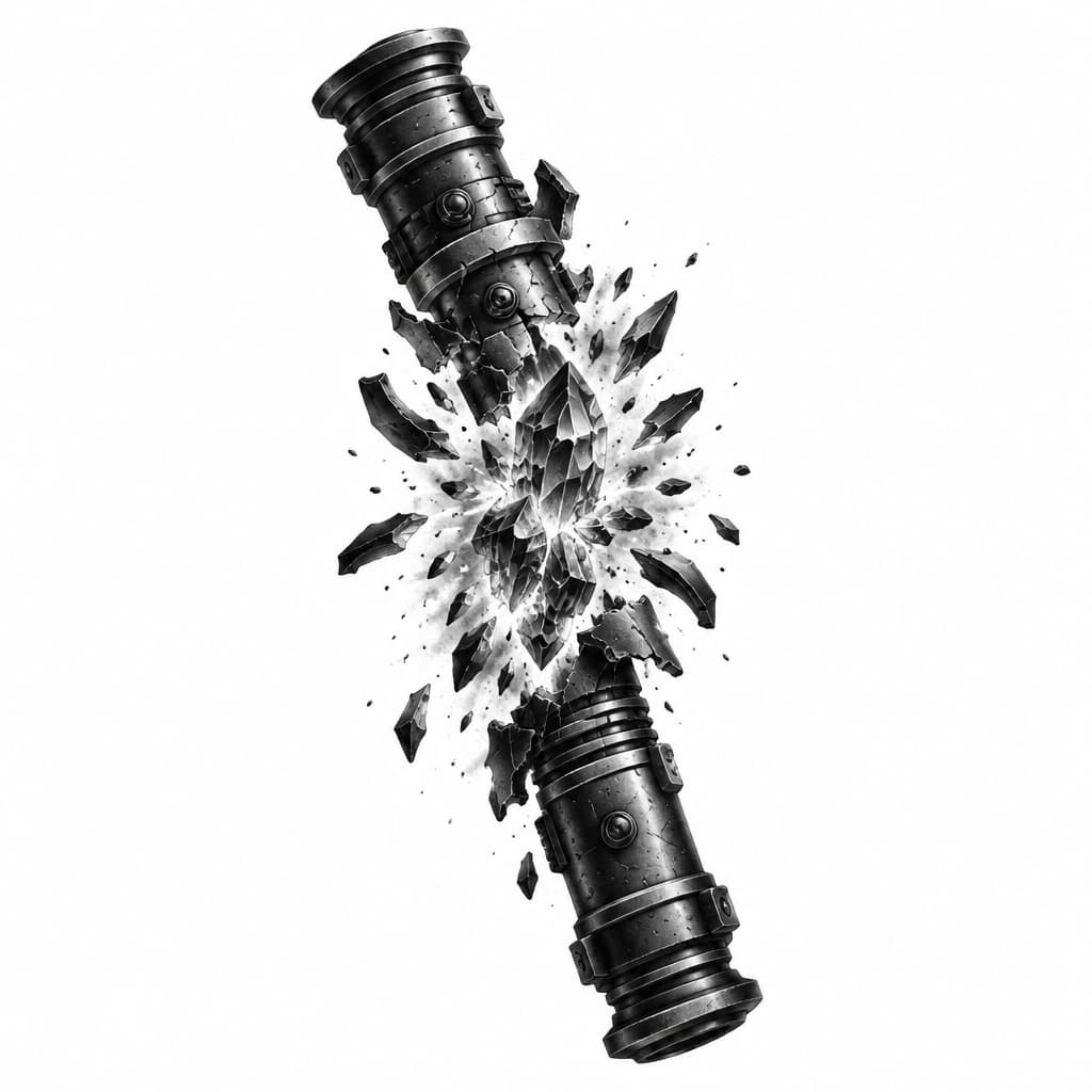 A black and Grey realism piece of darth mauls lightsaber hilt shattering and the red kyber crystal inside exploding. This would be placed on the inner bicep