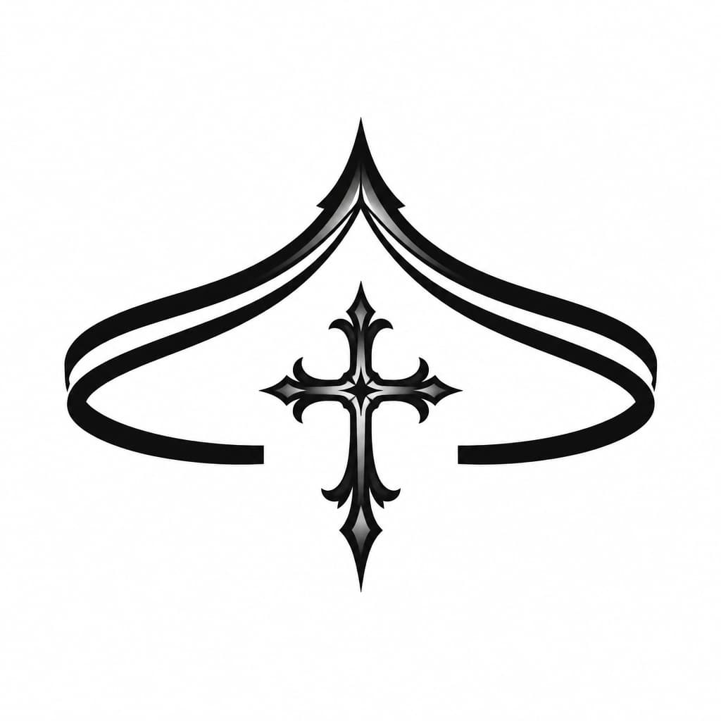 Create a clean blackwork wrist bracelet tattoo that wraps naturally around the wrist. The design consists of two thick parallel bands that follow the contour of the wrist like a bracelet. At the top center of the wrist, the bands converge into a single sharp gothic point, resembling a cathedral arch, spear tip, or elegant spade shape. The point should face toward the hand/fingers and serve as the highest visual focal point.
The bracelet is not fully closed. On the underside of the wrist, leave a centered open gap between the two ends of the bands. Within this gap, place an ornate gothic cross as the secondary focal point. The cross should feature decorative medieval-inspired flourishes, symmetrical details, flared tips, and elegant linework while remaining clean and readable as a tattoo.
The two parallel bands should maintain consistent spacing, smoothly curving around the wrist anatomy and tapering slightly as they approach the top point. The overall design must be perfectly symmetrical, minimalist, and bold, with strong black linework and smooth curves. Use negative space intentionally. No shading, no color, no background elements, no jewelry appearance, no realism, no textures. The design should look like a professional stencil-ready tattoo.
Style: gothic blackwork, ornamental minimalism, sacred geometry influence, high contrast, crisp vector linework, tattoo flash design, centered composition, white background.