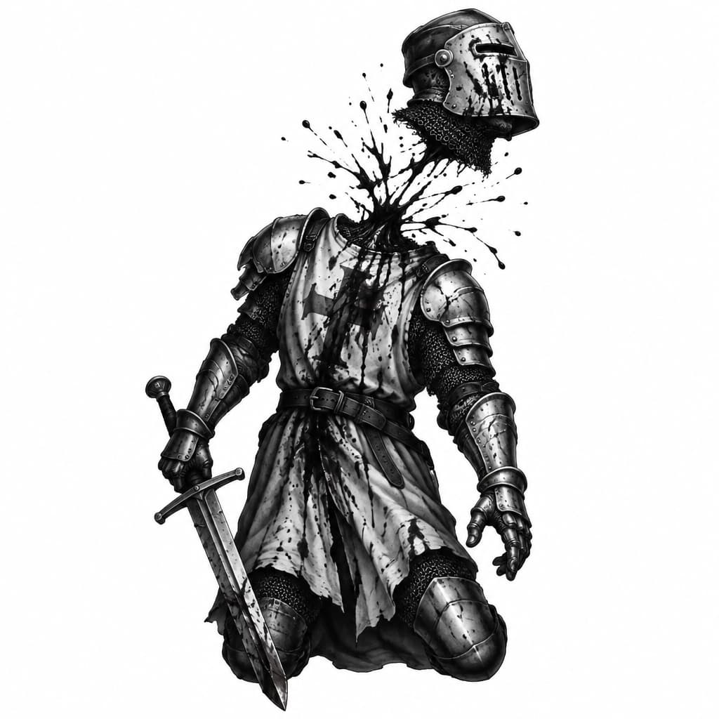 Medieval knight covered in blood being decapitated