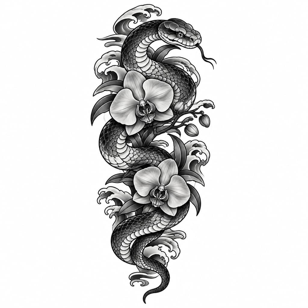 a snake (Chinese style/japanese style) with a orchid wrapping around the wrist