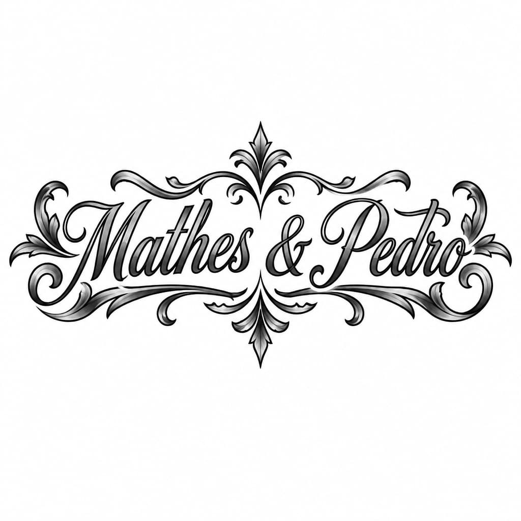 fineline tattoo with the name of my two sons. One name beside the other, like this sentence: Mathes & Pedro