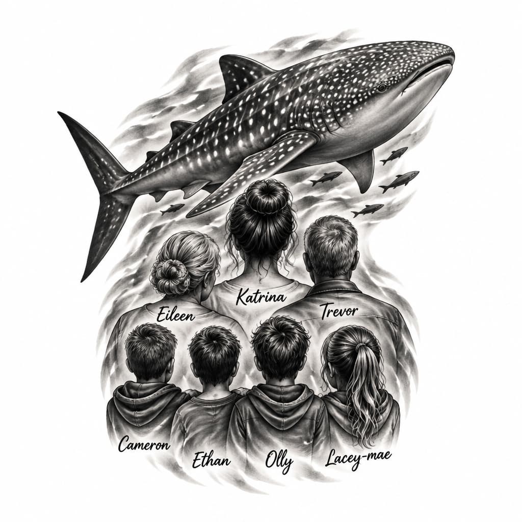 Family tattoo (parents, siblings) and also a Whale shark.
Mother - Katrina
Grandparents - Eileen, Trevor
Siblings - Cameron, Ethan, Olly, Lacey-mae, on the forearm or the upper arm