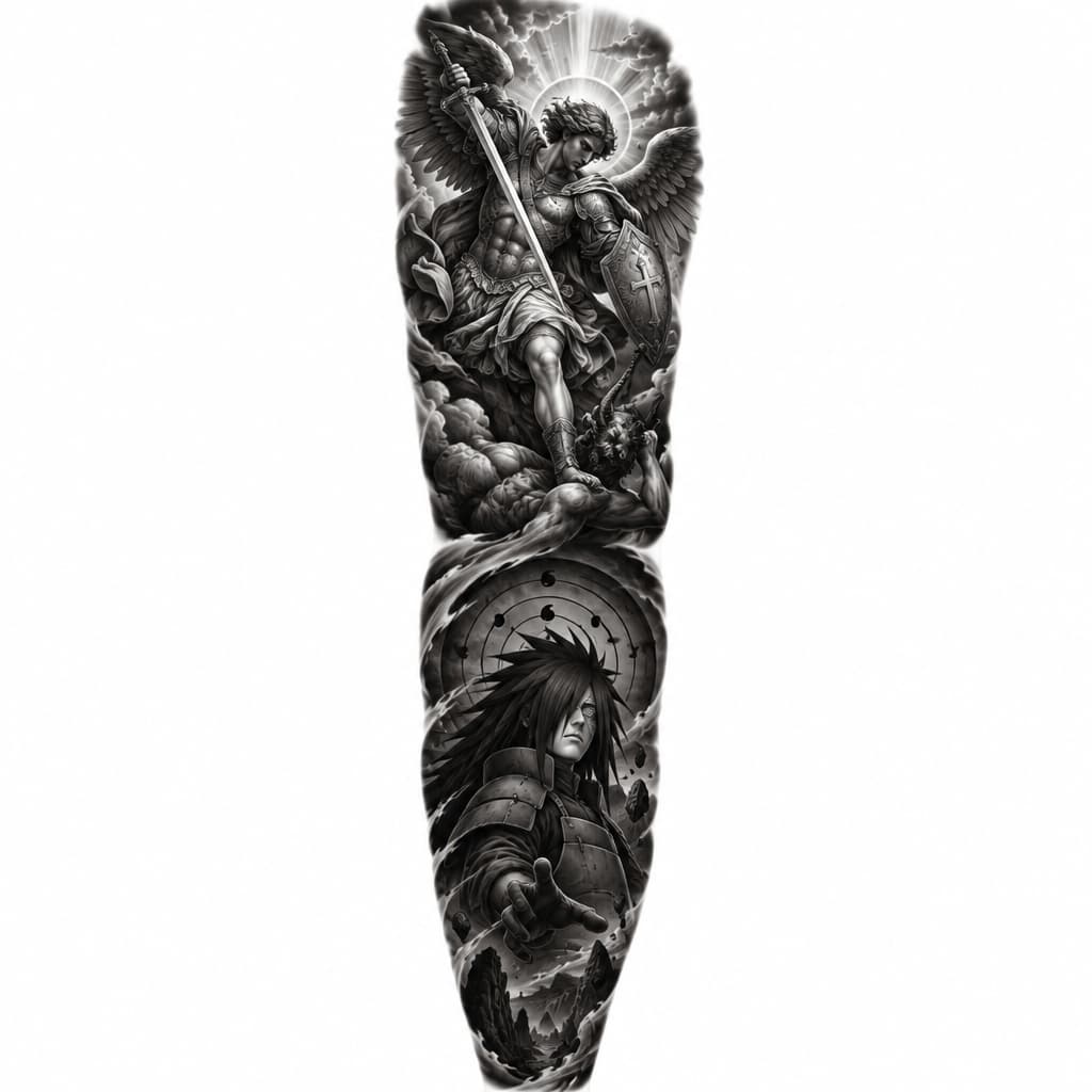 i want a leg sleeve for my left leg. make it have the archangel Michael coming from heaven at the top of the leg and flow into something to do with Madara Uchia at the bottom of the leg