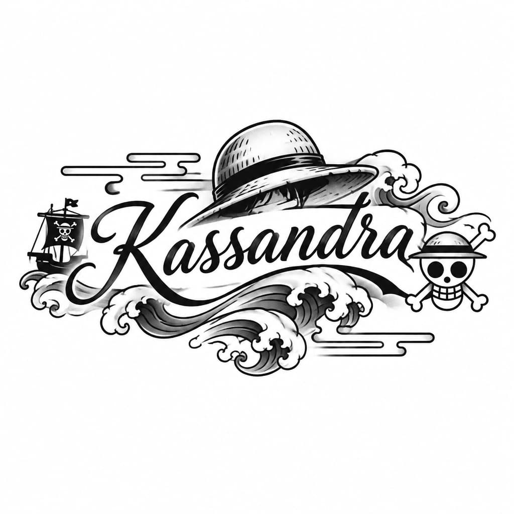 The name Kassandra in cursive letters with minimalist details from One Piece
