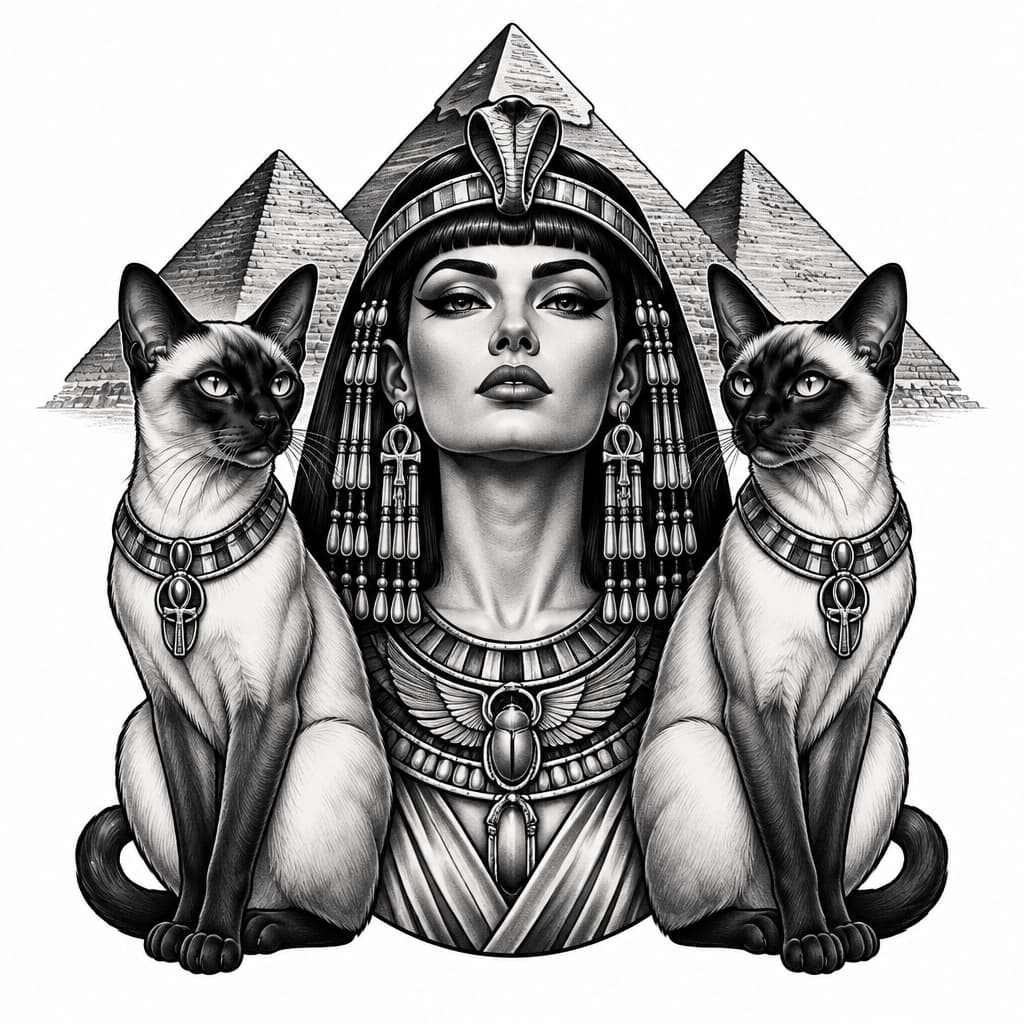 Cleopatra with a Siamese cat on each side of her with the pyramids of Giza behind her