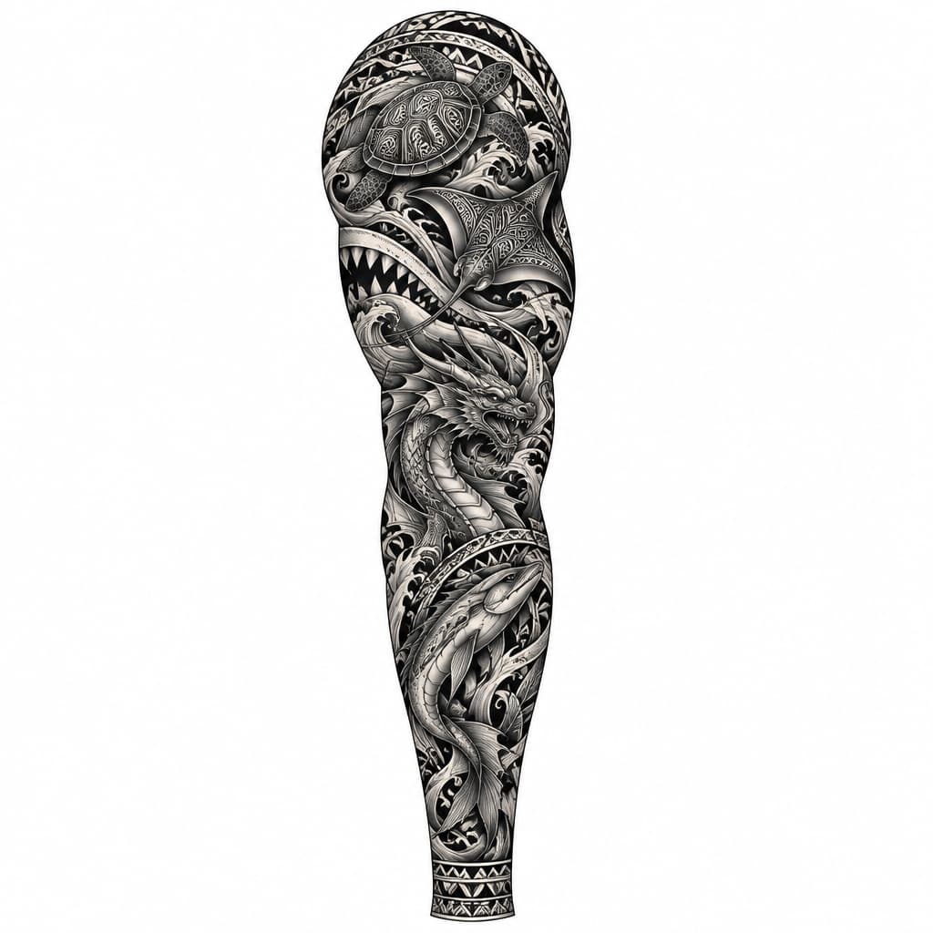 Full tattoo sleeve from shoulder to wrist. Upper part (shoulder): dense Polynesian ornament, turtle, stingray, waves, shark teeth. Middle part (bicep and forearm): fantasy creatures smoothly blending into the ornament. Lower part (wrist): narrow Polynesian band. Style: tribal, Polynesian, linework with dotwork. Color: black ink with colored accents (blue, red, gold) on the creatures. High detail, arm wrap layout, white background.