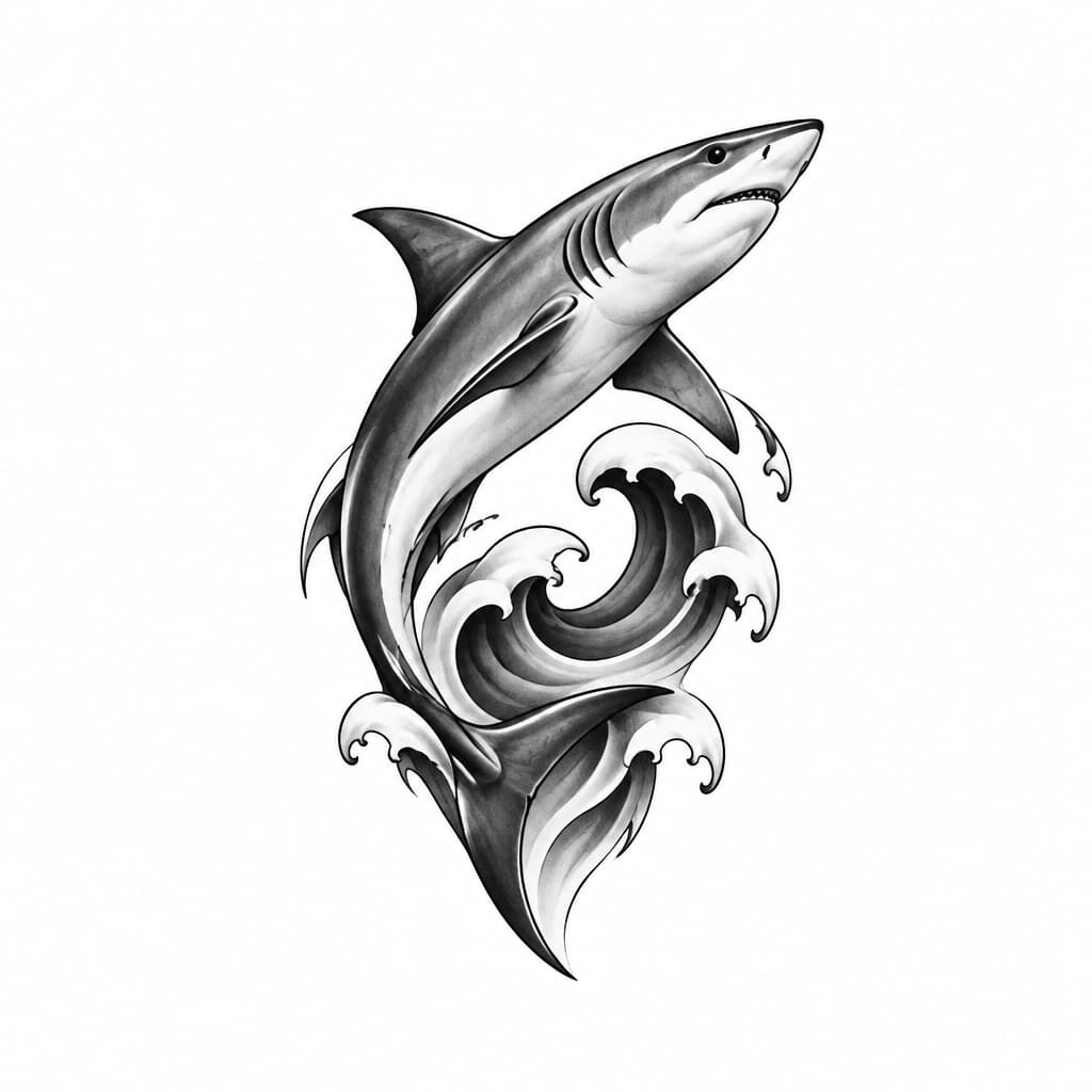 A minimalist shark design with ocean waves