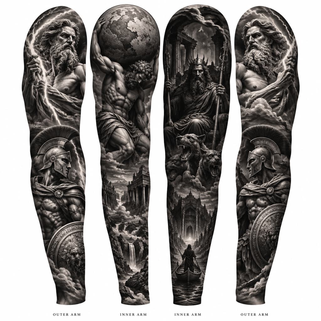 Full sleeve realistic design of greek gods and mythology with Zeus and Aires on outer arm and Atlas and hades on inner arm