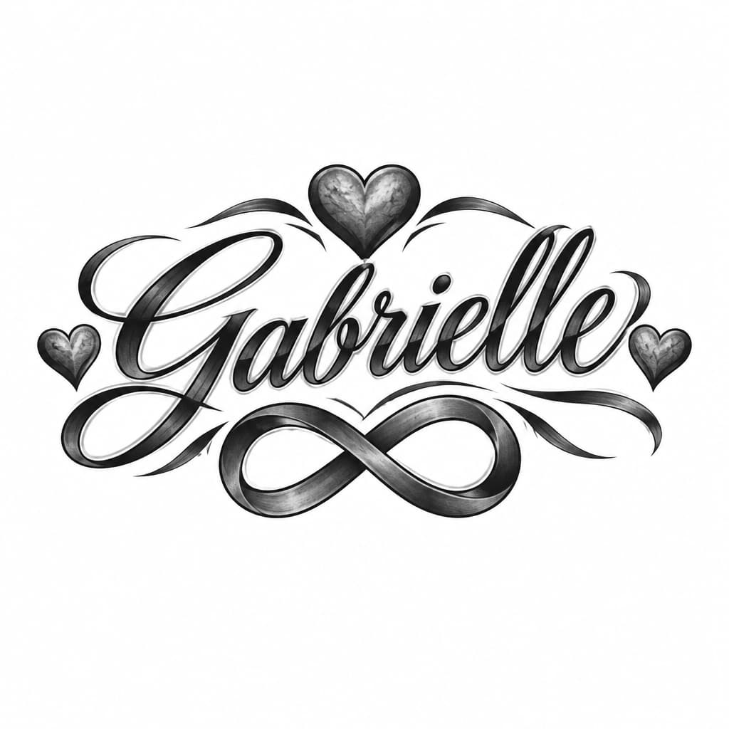 A tattoo concept featuring the name "Gabrielle" in cursive fancy letters. Have hearts and infinity symbol around it somewhere but make it more manly