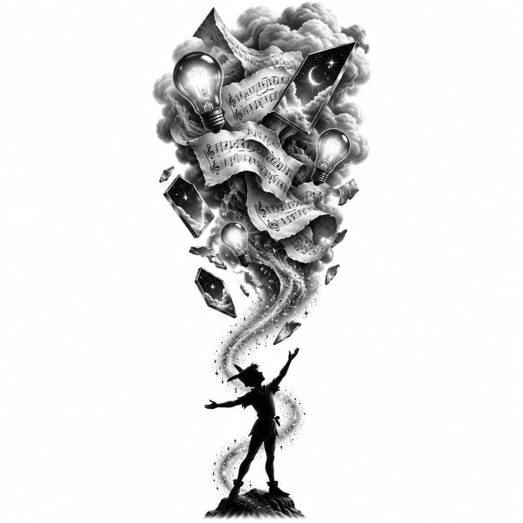 Prompt: Flash per tatuaggio in realismo illustrativo, composizione verticale in bianco e nero. Nella parte superiore, fogli di carta da musica realistici con note musicali si sollevano verso l'alto, accartocciandosi e trasformandosi in nuvole volumetriche e fumo denso. Da questo flusso emergono, fluttuando magicamente senza fili, lampadine accese e frammenti di specchi realistici che riflettono piccoli cieli stellati. Nella parte inferiore, come base solida del tatuaggio, la silhouette scura e definita di Peter Pan in piedi, con le braccia aperte verso l'alto, circondato da una scia iperrealistica di polvere di fata che sale verso l'alto unendo l'intera scena. Sfondo bianco pulito. Senza colori.