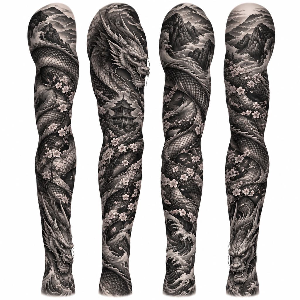 I want to design a full 360-degree forearm sleeve with two dragons inspired by Alex Pereira’s dragon tattoos. I want the dragons to wrap all the way around my forearm, with their heads facing opposite directions. One dragon’s head should be down near my wrist, with its body winding upward around my arm, and the other dragon’s head should be higher up near my elbow, possibly extending toward my bicep, with its body flowing back down around my forearm. I want them intertwined and flowing together, not just two separate dragons placed on my arm.
For the rest of the design, I want a detailed black-and-gray realism style with some dark red accents and the cherry blossoms a light pink. I want a small Chinese-style temple in the background, cherry blossom branches and falling petals, and mist, clouds, and rocky mountains to connect everything. The dragons should be the main focus, with detailed scales, realistic faces, and strong contrast. I don’t want the background to overpower them. and branches, falling petals, and a mix of clouds, wind, mist, and crashing water waves to fill the space around the dragons. I want all these elements to flow together naturally and wrap around the entire forearm, so the tattoo looks complete and detailed from every angle. However, I want the top of the design near my elbow naturally extending into my bicep and shoulder, just the dragon and background no cherry blossoms or temple. I want it to look like one cohesive piece of art rather than a bunch of separate elements.