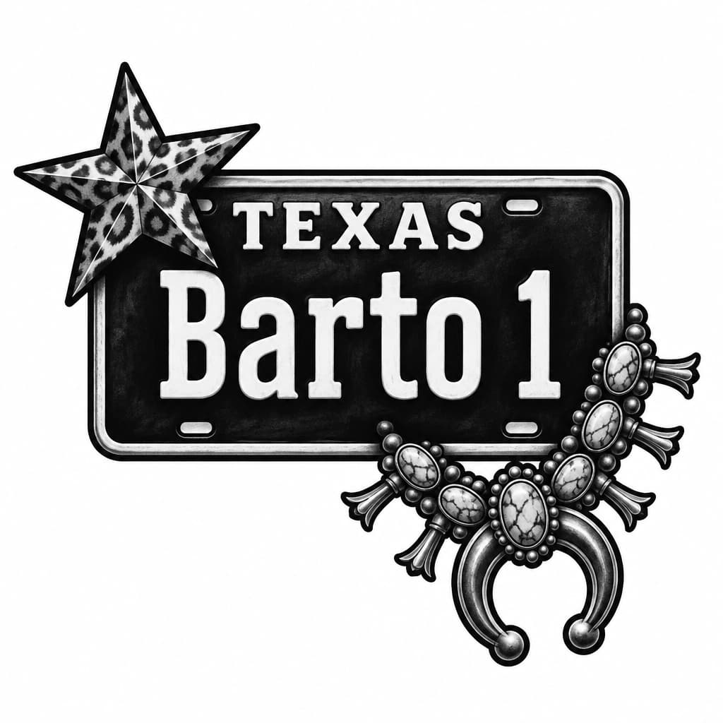 I want a Texas personalized license plate with the name Barto 1 black in color with white lettering and on the top corner I want a leopard star (not on the plate but sorta sitting on top of the plate) and on the opposite bottom corner I want a turquoise squash blossom