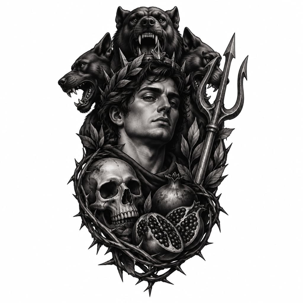 Quero uma tatuagem de hades com rosto mais jovem e não tão longe de referências também quero referências em volta como o cerberus,caveira,romãs,bidente e a cora de espinhos negros