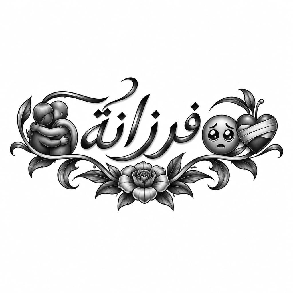 A tattoo concept featuring the name "🫂فرزانة🥺❤🩹" in Great Vibes lettering