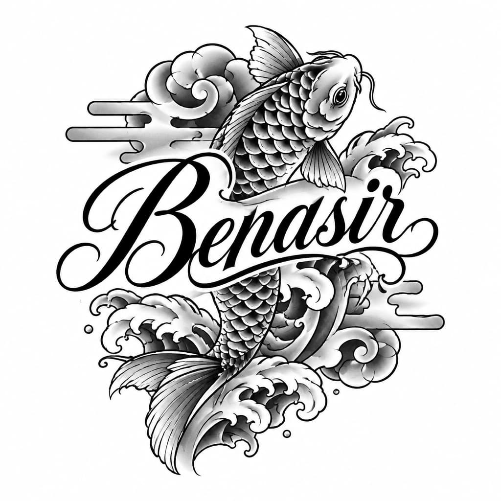A tattoo concept featuring the name "Benasir" in Great Vibes lettering